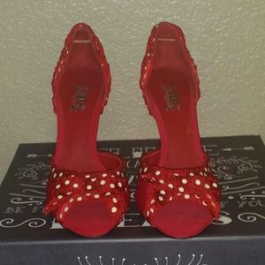 Red Polka Dot peep toe pumps by Jlo